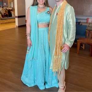 Custom blue and gold Lahenga